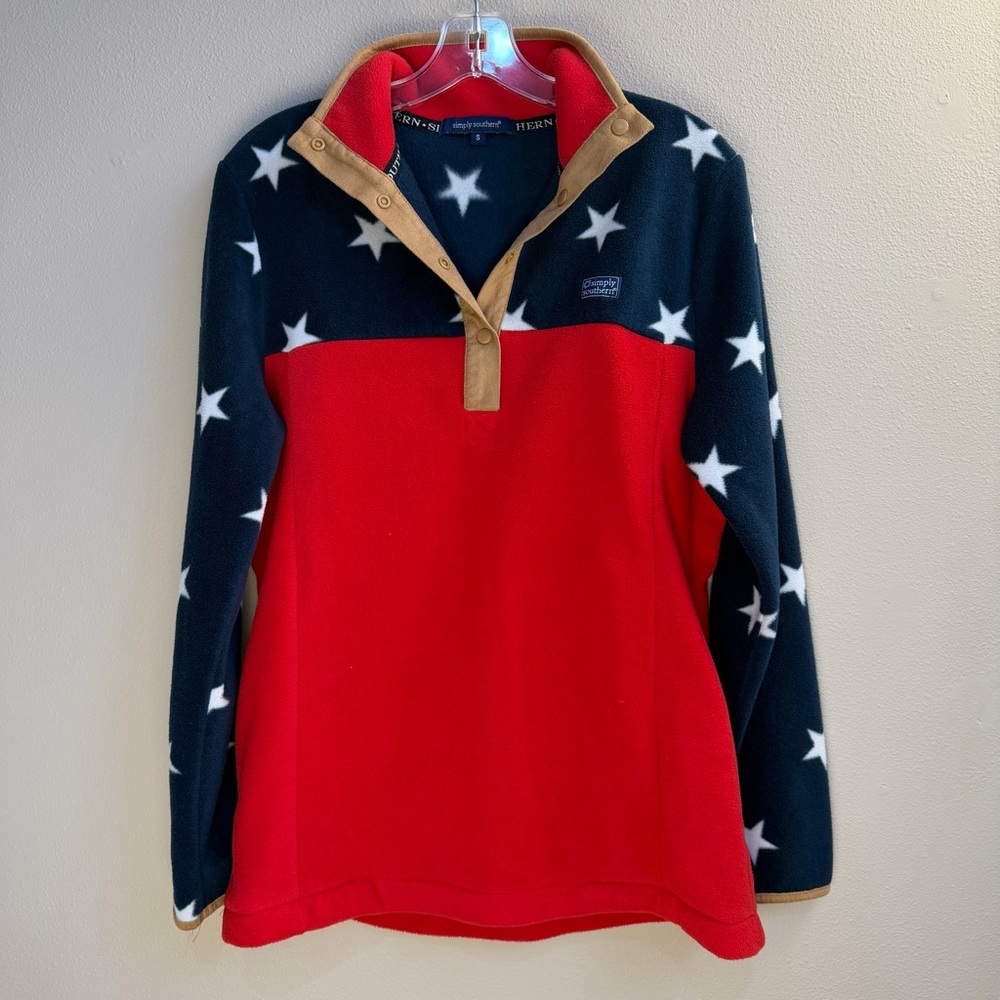 Simply Southern Women’s Fleece 1/4 Button Pullover Patriotic Long Sleeve Small